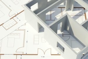 Architecture design drawings, building model on blueprint floor plan, house construction. 3d